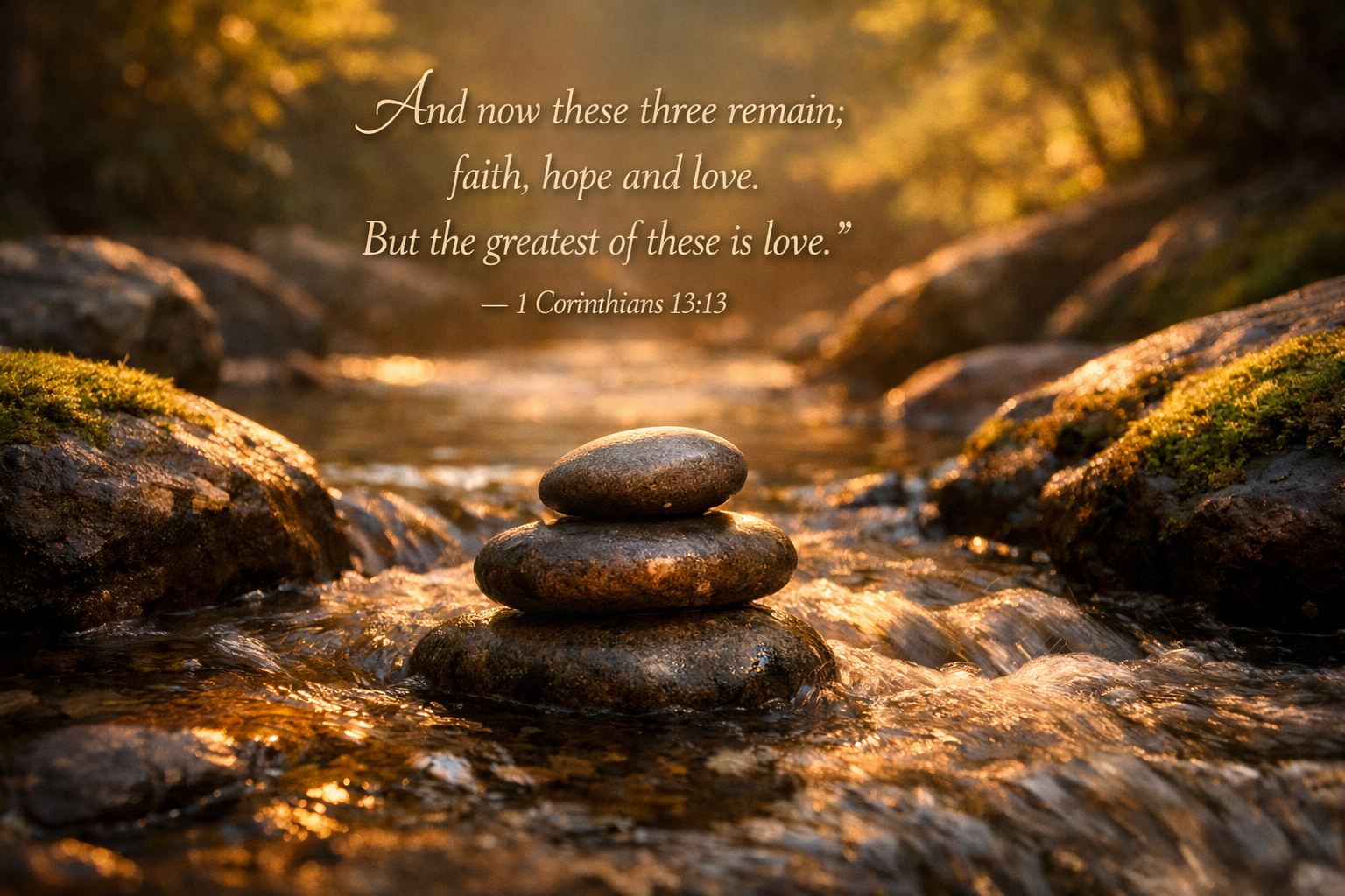 Bible verse 1 Corinthians 13:13 stacked stones stream soft light wallpaper